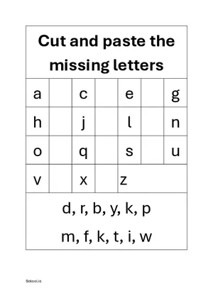 Cut and paste the missing letter lowercase Worksheet. Free printable DIY cut and paste letter worksheet