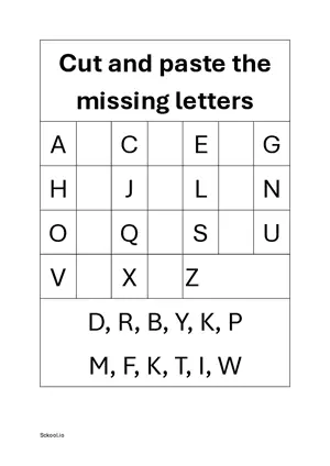 Cut and paste the missing letter Uppercase Worksheet. Free printable DIY cut and paste letter worksheet