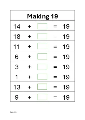 Addition: Making 19 math worksheet