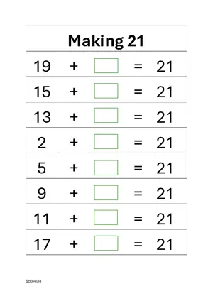 Addition: Making 21 math worksheet