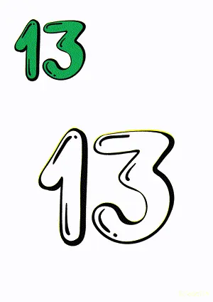 Number tracing and coloring pages Number 13 Thirteen. Free printable number worksheet. DIY Maths worksheet.