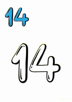 Number tracing and coloring pages Number 14 Fourteen. Free printable number worksheet. DIY Maths worksheet.