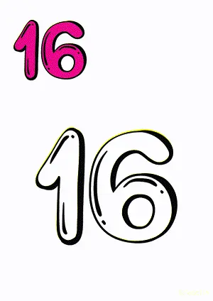 Number tracing and coloring pages Number 16 Sixteen. Free printable number worksheet. DIY Maths worksheet.