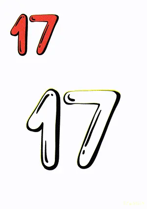 Number tracing and coloring pages Number 17 Seventeen. Free printable number worksheet. DIY Maths worksheet.