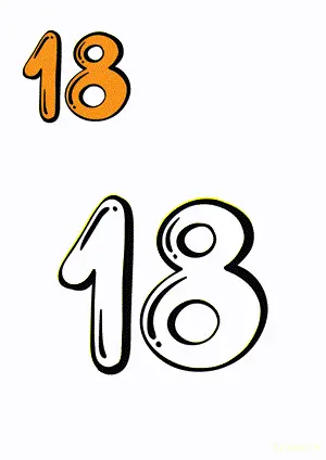 Number tracing and coloring pages Number 18 Eighteen. Free printable number worksheet. DIY Maths worksheet.