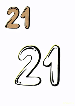 Number tracing and coloring pages Number 21 Twenty-One. Free printable number worksheet. DIY Maths worksheet.