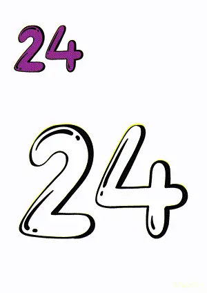 Number tracing and coloring pages Number 24 Twenty-Four. Free printable number worksheet. DIY Maths worksheet.