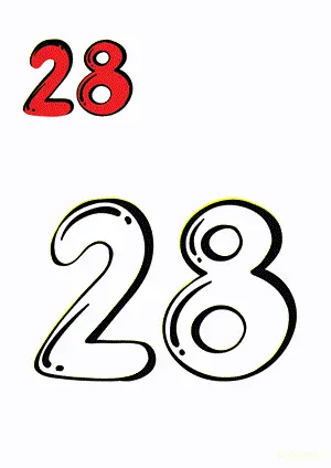 Number tracing and coloring pages Number 28 Twenty-Eight. Free printable number worksheet. DIY Maths worksheet.