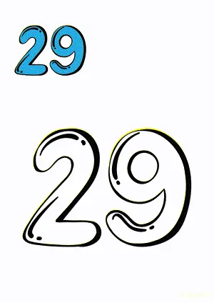 Number tracing and coloring pages Number 29 Twenty-Nine. Free printable number worksheet. DIY Maths worksheet.