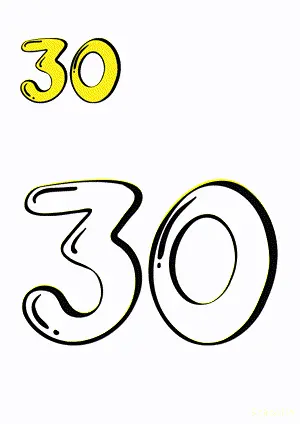 Number tracing and coloring pages Number 30 Thirty. Free printable number worksheet. DIY Maths worksheet.