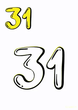 Number tracing and coloring pages Number 31 Thirty-One. Free printable number worksheet. DIY Maths worksheet.