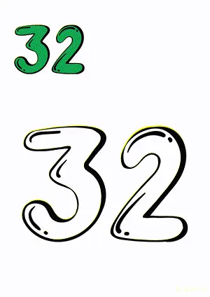 Number tracing and coloring pages Number 32 Thirty-Two. Free printable number worksheet. DIY Maths worksheet.