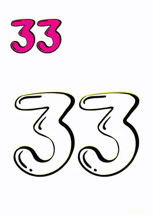 Number tracing and coloring pages Number 33 Thirty-Three. Free printable number worksheet. DIY Maths worksheet.