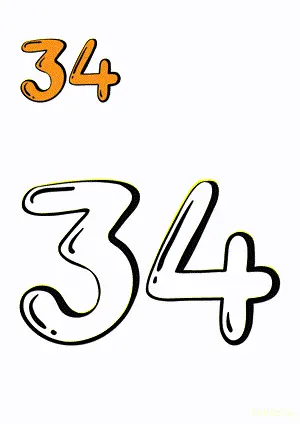 Number tracing and coloring pages Number 34 Thirty-Four. Free printable number worksheet. DIY Maths worksheet.