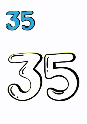 Number tracing and coloring pages Number 35 Thirty-Five. Free printable number worksheet. DIY Maths worksheet.