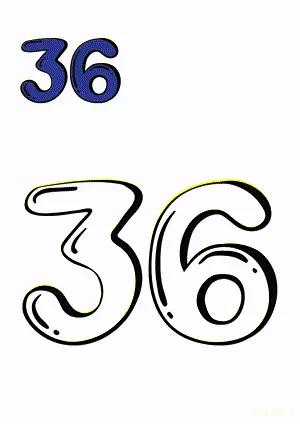 Number tracing and coloring pages Number 36 Thirty-Six. Free printable number worksheet. DIY Maths worksheet.