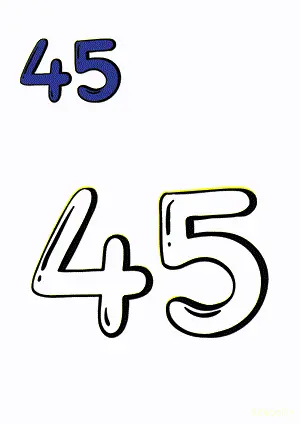 Number tracing and coloring pages Number 45 Forty-Five. Free printable number worksheet. DIY Maths worksheet.