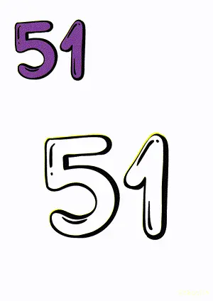 Number tracing and coloring pages Number 51 Fifty-One. Free printable number worksheet. DIY Maths worksheet.