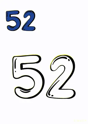 Number tracing and coloring pages Number 52 Fifty-Two. Free printable number worksheet. DIY Maths worksheet.