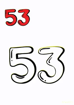 Number tracing and coloring pages Number 53 Fifty-Three. Free printable number worksheet. DIY Maths worksheet.