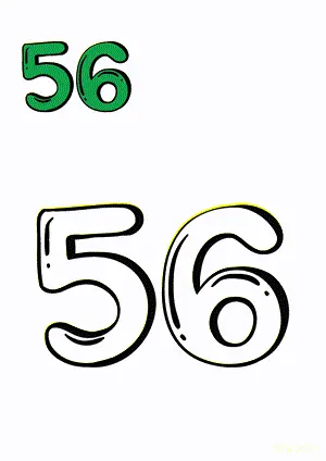 Number tracing and coloring pages Number 56 Fifty-Six. Free printable number worksheet. DIY Maths worksheet.