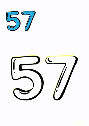 Number tracing and coloring pages Number 57 Fifty-Seven. Free printable number worksheet. DIY Maths worksheet.