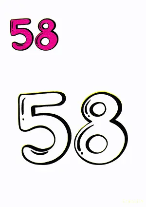 Number tracing and coloring pages Number 58 Fifty-Eight. Free printable number worksheet. DIY Maths worksheet.