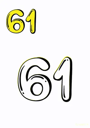 Number tracing and coloring pages Number 61 Sixty-One. Free printable number worksheet. DIY Maths worksheet.