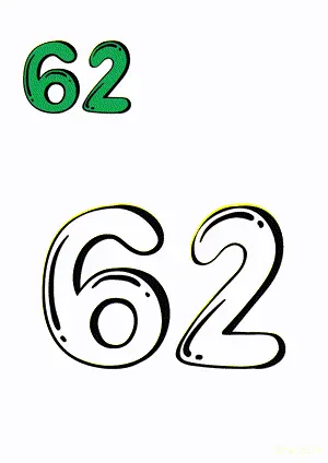 Number tracing and coloring pages Number 62 Sixty-Two. Free printable number worksheet. DIY Maths worksheet.