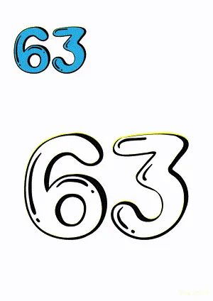 Number tracing and coloring pages Number 63 Sixty-Three. Free printable number worksheet. DIY Maths worksheet.