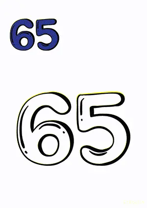 Number tracing and coloring pages Number 65 Sixty-Five. Free printable number worksheet. DIY Maths worksheet.