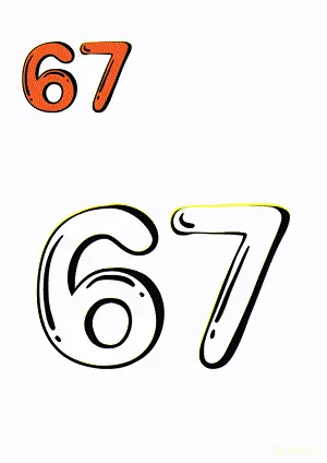 Number tracing and coloring pages Number 67 Sixty-Seven. Free printable number worksheet. DIY Maths worksheet.