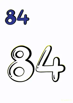 Number tracing and coloring pages Number 84 Eighty-Four. Free printable number worksheet. DIY Maths worksheet.