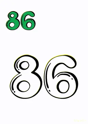 Number tracing and coloring pages Number 86 Eighty-Six. Free printable number worksheet. DIY Maths worksheet.