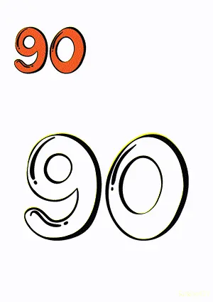 Number tracing and coloring pages Number 90 Ninety. Free printable number worksheet. DIY Maths worksheet.