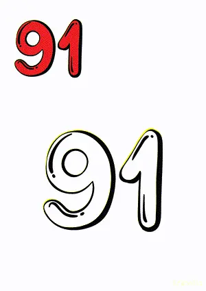 Number tracing and coloring pages Number 91 Ninety-One. Free printable number worksheet. DIY Maths worksheet.