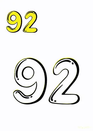 Number tracing and coloring pages Number 92 Ninety-Two. Free printable number worksheet. DIY Maths worksheet.