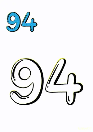 Number tracing and coloring pages Number 94 Ninety-Four. Free printable number worksheet. DIY Maths worksheet.