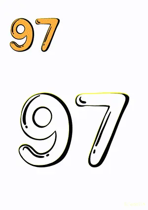 Number tracing and coloring pages Number 97 Ninety-Seven. Free printable number worksheet. DIY Maths worksheet.