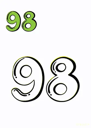 Number tracing and coloring pages Number 98 Ninety-Eight. Free printable number worksheet. DIY Maths worksheet.