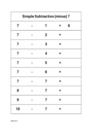 Subtraction of numbers practice worksheet 7 Free printable math worksheet.