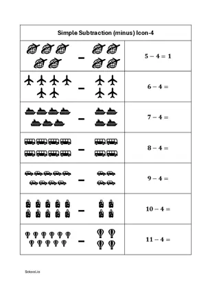 Simple Subtraction (minus) with ICON - FREE Printable Subtraction (minus) ICON Worksheets 4 for Kindergarten/Preschool/LKG