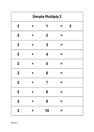 Simple multiplication of 2 numbers practice worksheet. What is the value of 2 multiply by 8?