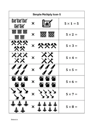 Simple multiplication with ICONS practice worksheet. What is the value of 5 hammer multiply by 7 hammer?