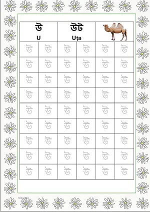 Bengali alphabet (Swarabarna) উ (U) Tracing Worksheet. Free printable Bengali Alphabets with 54 Tracing Blocks worksheet for Kindergarten/Preschool/LKG.