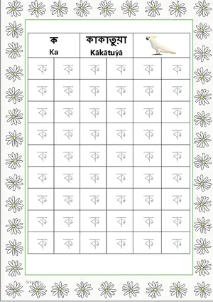 Bengali alphabet (Swarabarna) ক (Ka) Tracing Worksheet. Free printable Bengali Alphabets with 54 Tracing Blocks worksheet for Kindergarten/Preschool/LKG.