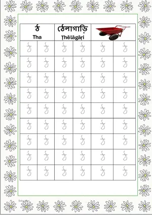 Bengali alphabet (Swarabarna) ঠ (Tha) Tracing Worksheet. Free printable Bengali Alphabets with 54 Tracing Blocks worksheet for Kindergarten/Preschool/LKG.