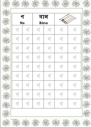 Bengali alphabet (Swarabarna) ণ (Na) Tracing Worksheet. Free printable Bengali Alphabets with 54 Tracing Blocks worksheet for Kindergarten/Preschool/LKG.