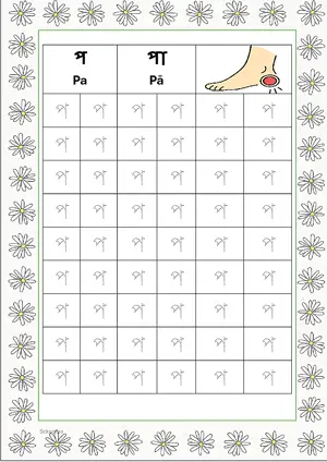 Bengali alphabet (Swarabarna) প (Pa) Tracing Worksheet. Free printable Bengali Alphabets with 54 Tracing Blocks worksheet for Kindergarten/Preschool/LKG.