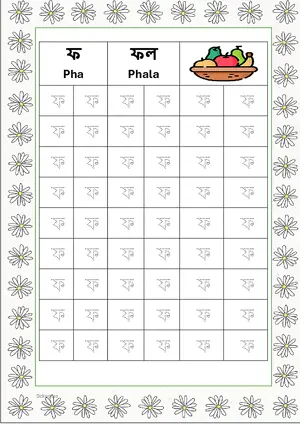 Bengali alphabet (Swarabarna) ফ (Pha) Tracing Worksheet. Free printable Bengali Alphabets with 54 Tracing Blocks worksheet for Kindergarten/Preschool/LKG.